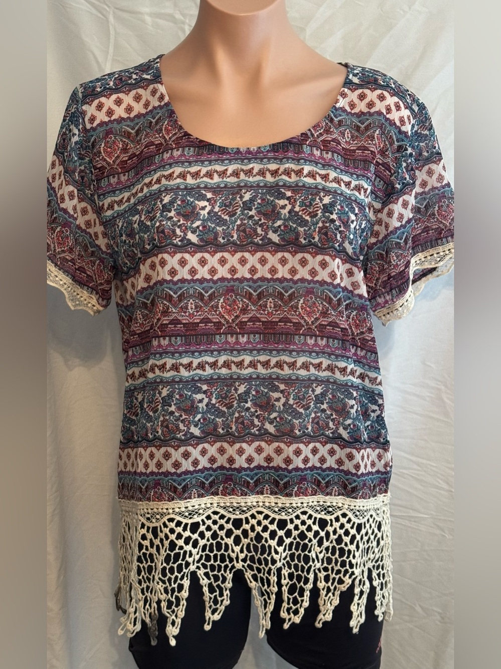 Maurices Multicolor Boho Crochet-Hem Short Sleeve Tunic
